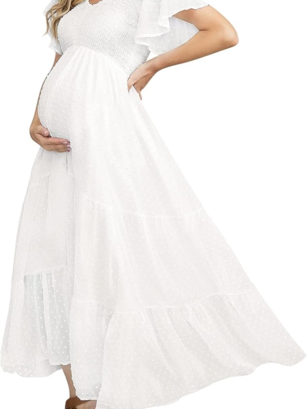 White Maternity Maxi Dress with Smocked Bodice and Flutter Sleeves
